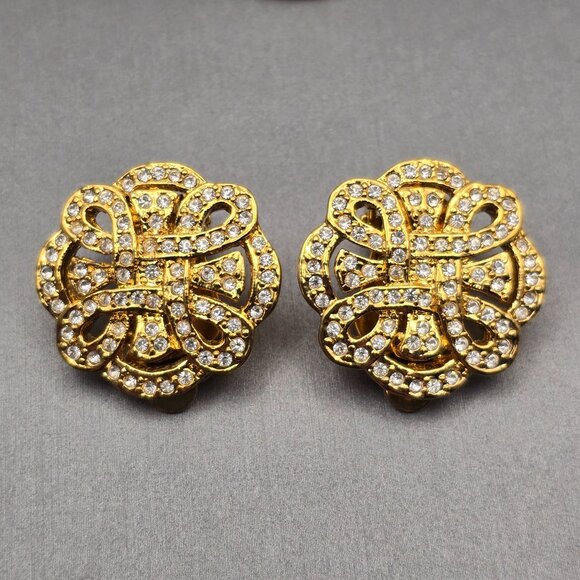 VTG Gold-Tone Floral Brooch & Clip-On Earrings Set w/ Clear Rhinestones Lot of 2 - Picture 3 of 8